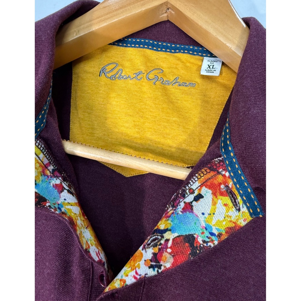 Robert Graham Mens XL Polo Shirt Burgundy Splatter Collar Cotton Modal Knit